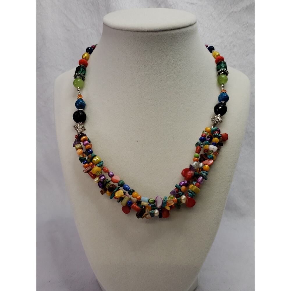 18 Inch Multicolor Stone Shell Glass 4 Strand Necklace
